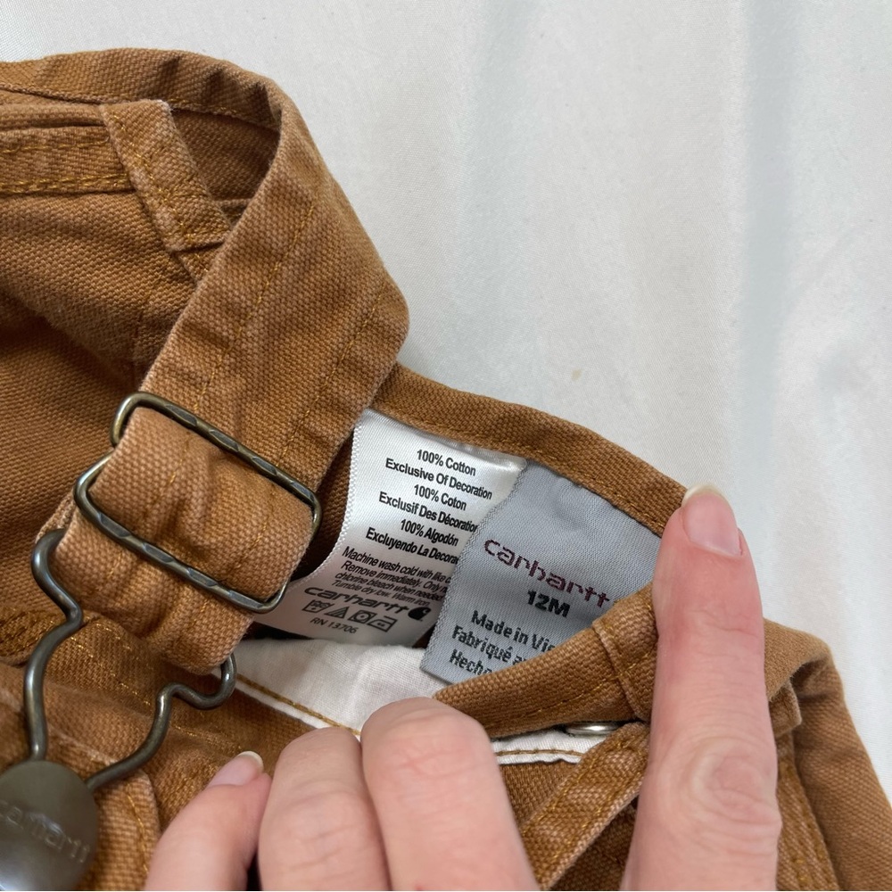Carhartt Canvas Tan Brown Button Snap Bib Overalls Onesie Jumpsuit Size 12M - Picture 3 of 5